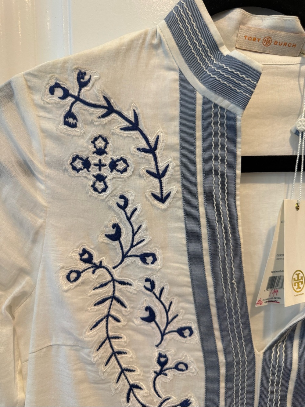 Brand New Tory Burch White Tunic with Navy Embroidery and Blue Trim - Picture 3 of 6